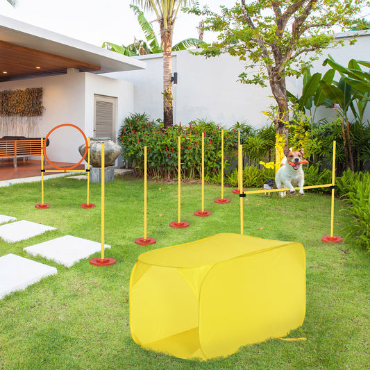 مجموعة حواجز تدريب الكلاب المحمولة من Pawhut Dog Agility Equipment مكونة من 5 قطع مع عمود قفز عالي قابل للتعديل وحلقة قفز وأعمدة منسوجة ونفق