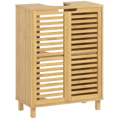 HOMCOM Under Sink Bathroom Cabinet, Freestanding Bamboo Under Sink Cabinet with Louvered Doors and Adjustable Shelf, Natural