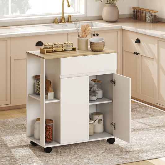 HOMCOM Kitchen Storage Trolley Cart with Cabinet in White
