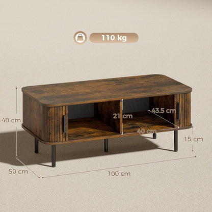 HOMCOM Coffee Table with Storage, Living Room Table with Slatted Tambour Sliding Doors and Foot Pads, Rectangular Coffee Table with Elevated Base for Living Room, Rustic Brown