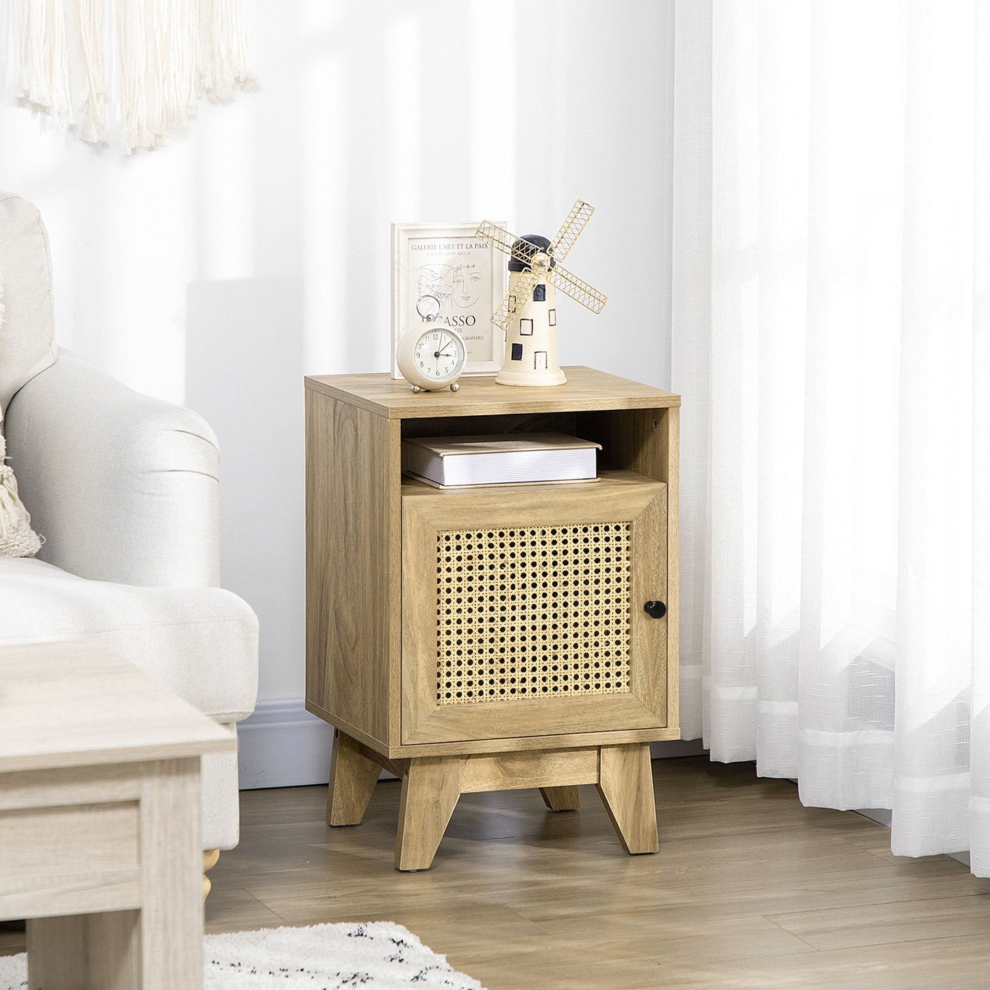 HOMCOM Chest of Drawer with 4 Rattan Drawers, Beside Table with Door, Natural