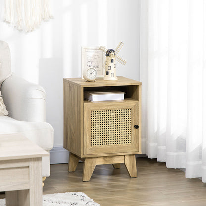 HOMCOM Chest of Drawer with 4 Rattan Drawers, Beside Table with Door, Natural