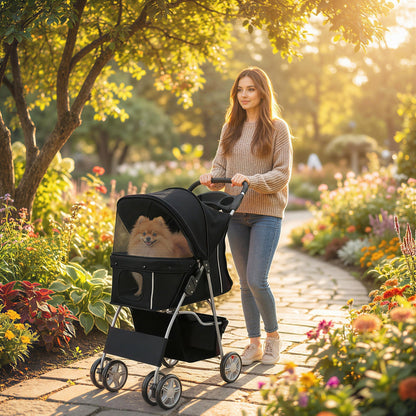 PawHut Dog Pram, Pet Stroller with Reflective Strips, Foldable Cat Stroller with 360 degrees Swivel Wheels, Black