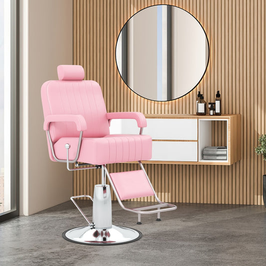The pink spa and salon chair in a modern room with wood panelling and a mirror