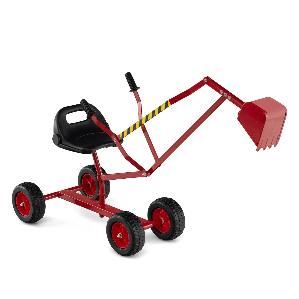 The red sand digger toy with a black seat and four wheels, shown from a slightly different angle