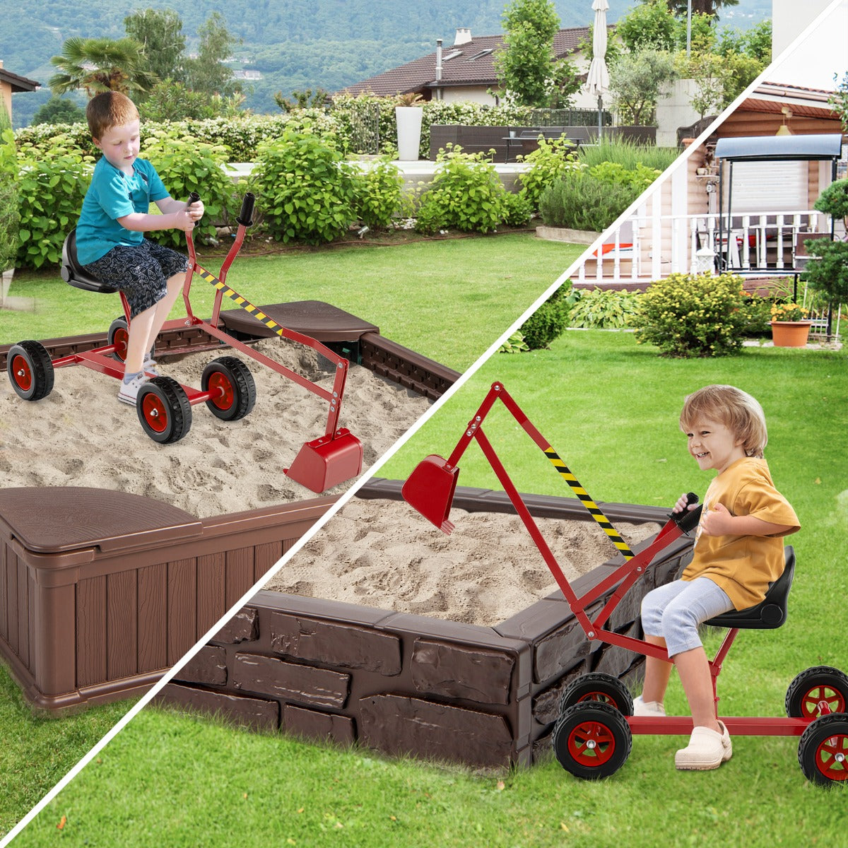 Two children playing with the red sand digger toy in a garden sandbox
