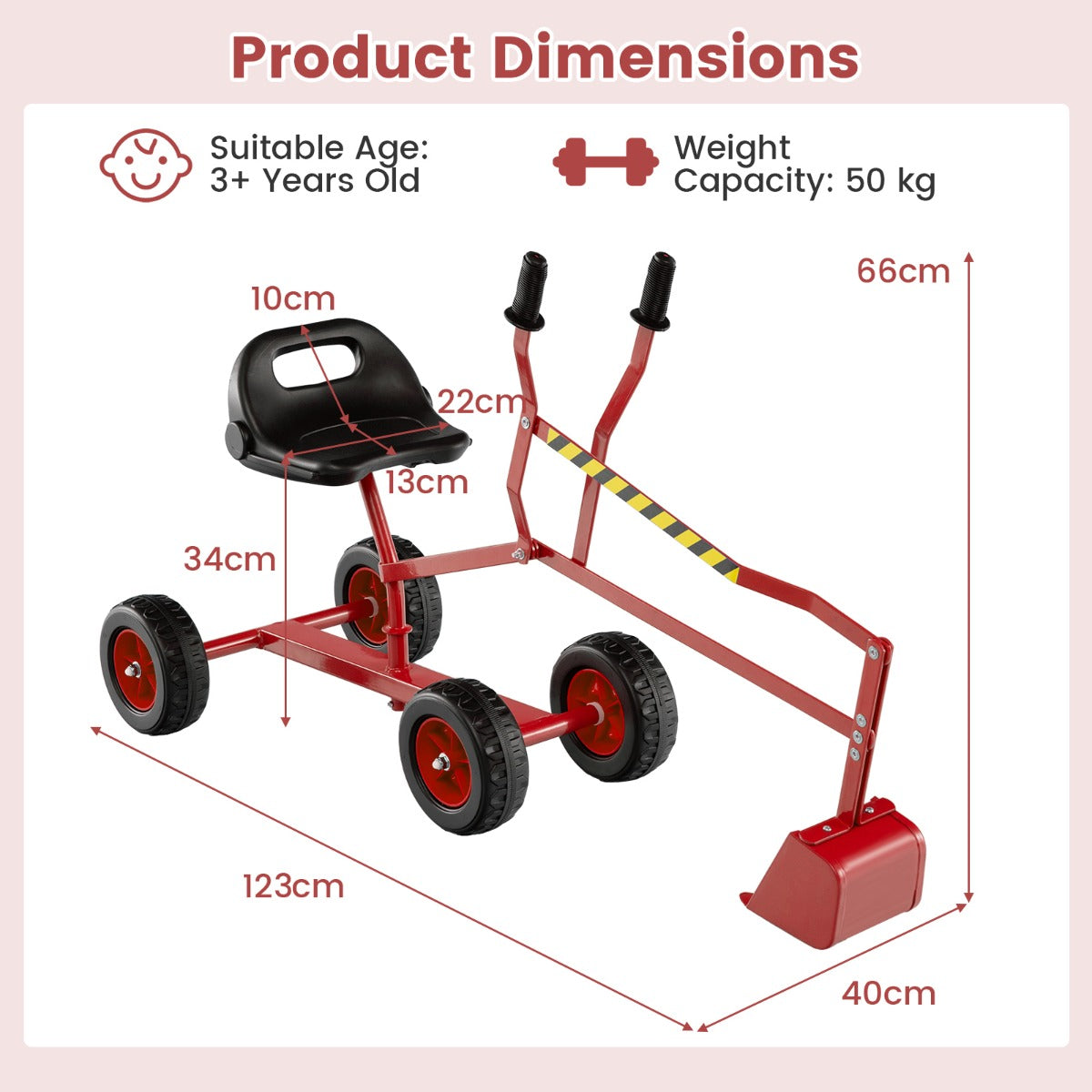 A diagram showing the dimensions of the red sand digger toy for children