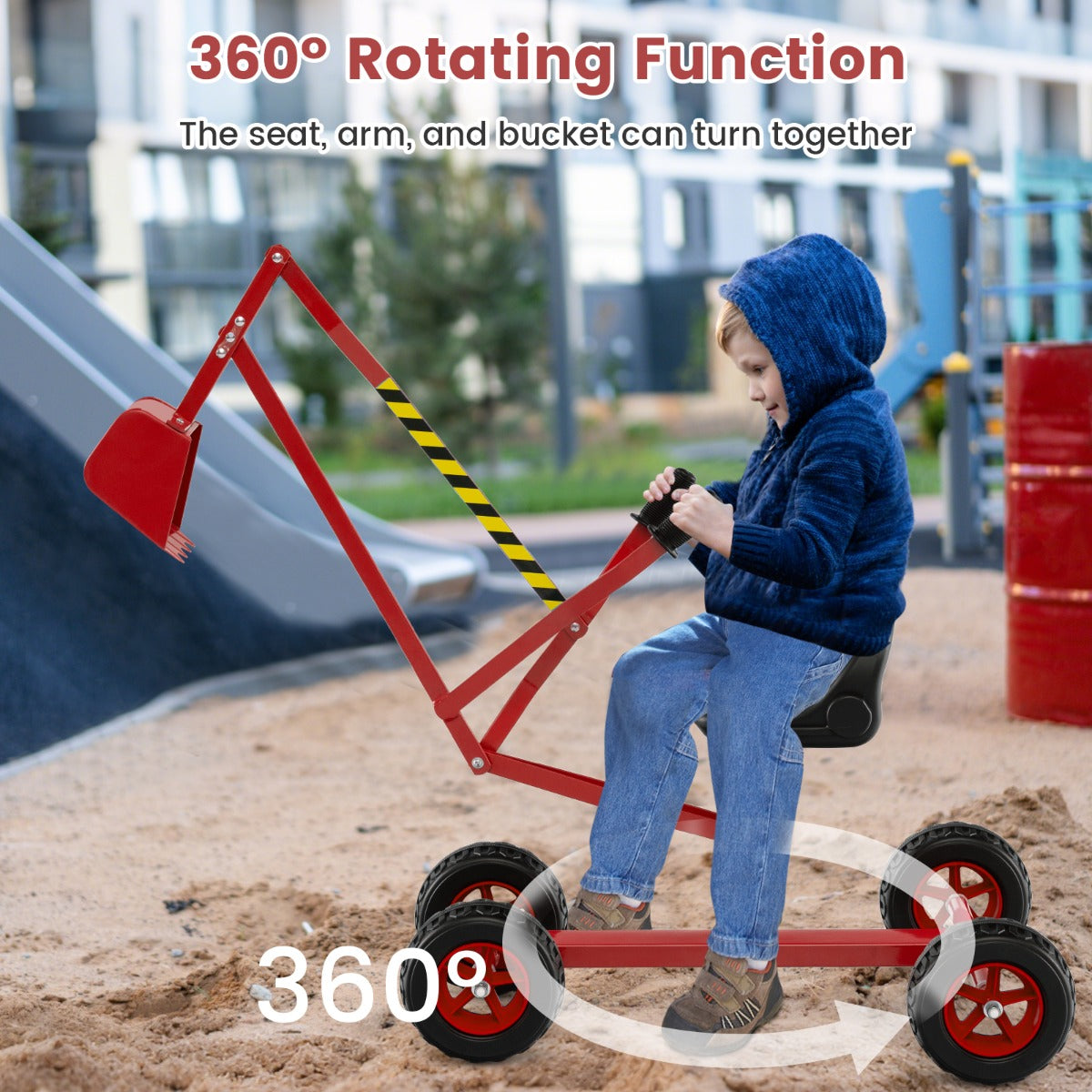 The red children's sandbox excavator toy has a rotating seat and arm, with a child operating it