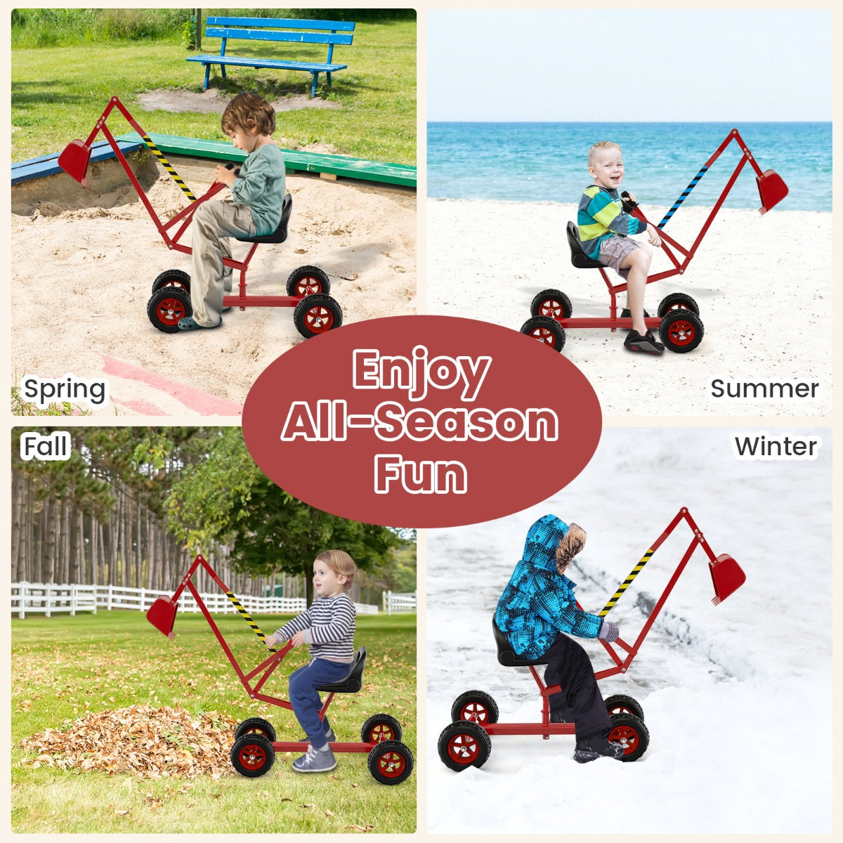This red children's sandbox excavator toy is shown in four seasonal settings: spring, summer, fall, and winter