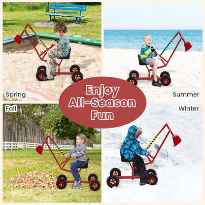 This red children's sandbox excavator toy is shown in four seasonal settings: spring, summer, fall, and winter