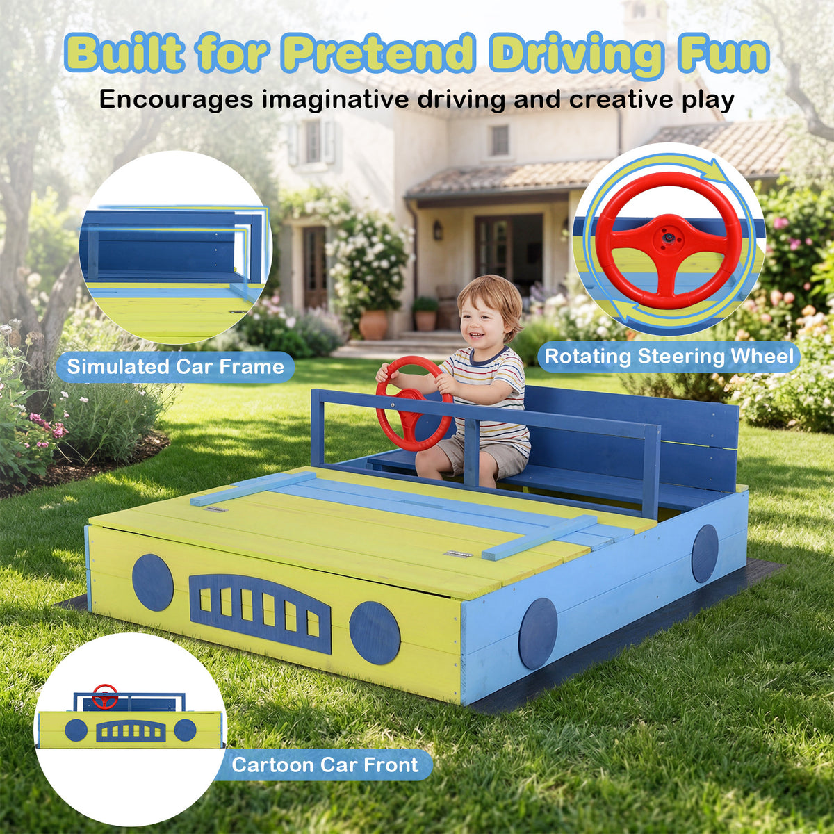 The blue and yellow sandpit designed as a car, with a steering wheel and bench