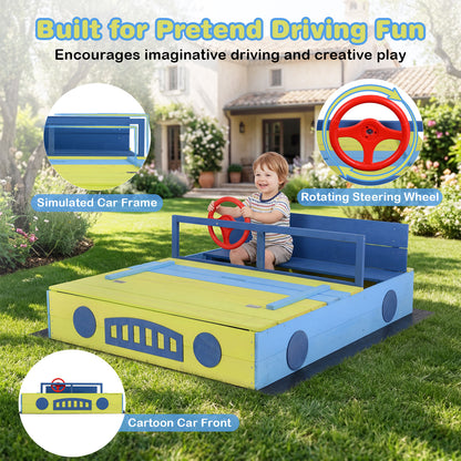 The blue and yellow sandpit designed as a car, with a steering wheel and bench
