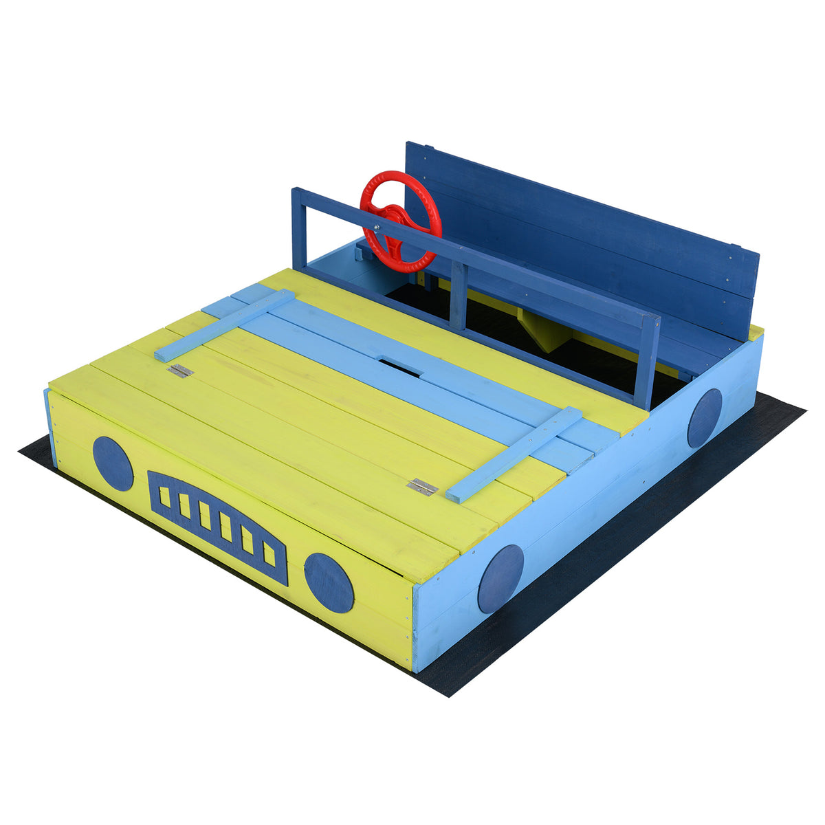 Sandpit with Bench Folding Lid showing the blue and yellow car design with a red steering wheel