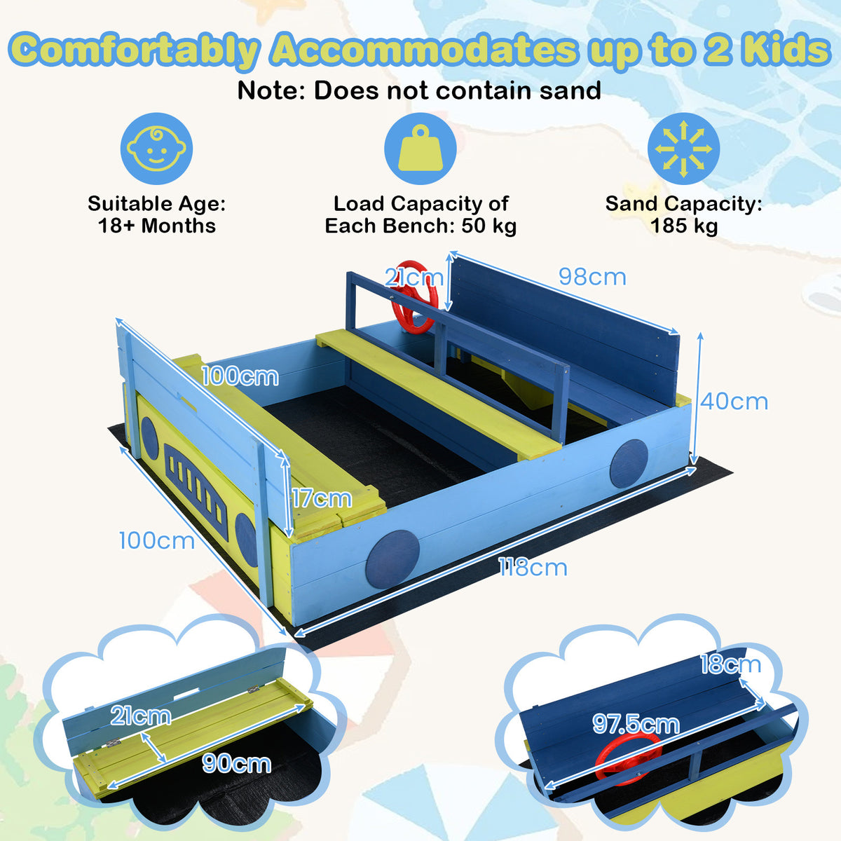 The blue and yellow sandpit with a folding bench lid, showing dimensions and capacity