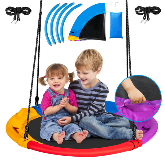 Saucer Tree Swing with children sitting on the colourful seat and parts displayed above