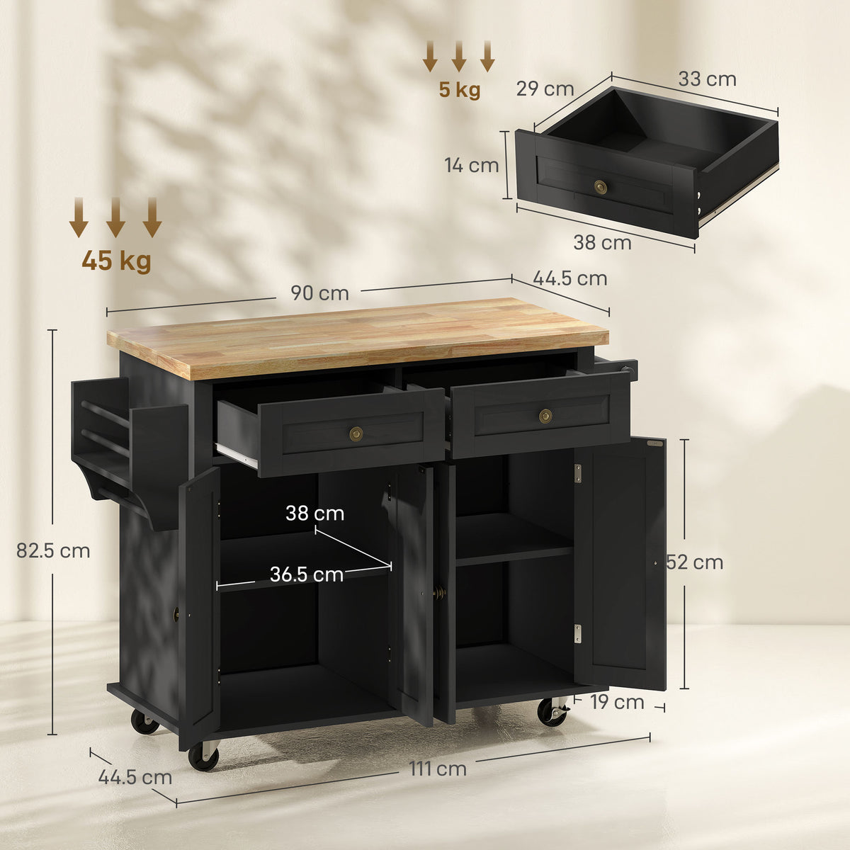HOMCOM Rolling Kitchen Island Storage Trolley in Black