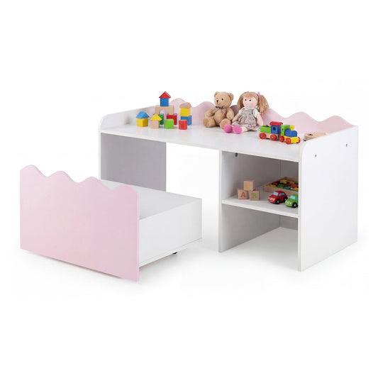 Scalloped Kids Bookshelf with pink scalloped front and white shelving