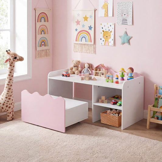 Pink scalloped kids storage unit in a nursery with toys and decorations