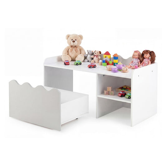 Scalloped Kids Bookshelf with a pull-out drawer on the left and shelves on the right, filled with toys