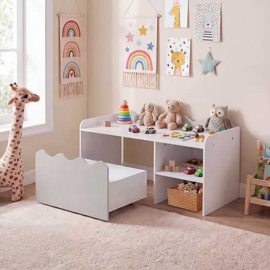 The scalloped kids bookshelf in a playroom, with a movable drawer and shelves filled with toys