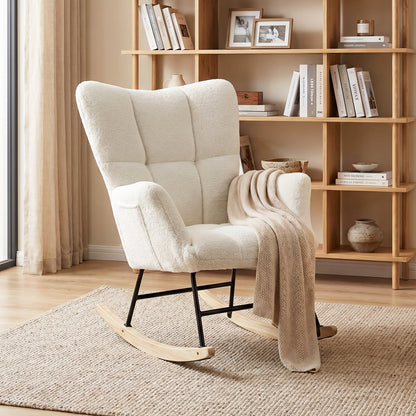 HOMCOM Rocking Chair, Teddy Fleece Rocker Chair with Tufted Wingback, Side Pockets, Rubber Wood Legs, Cream White