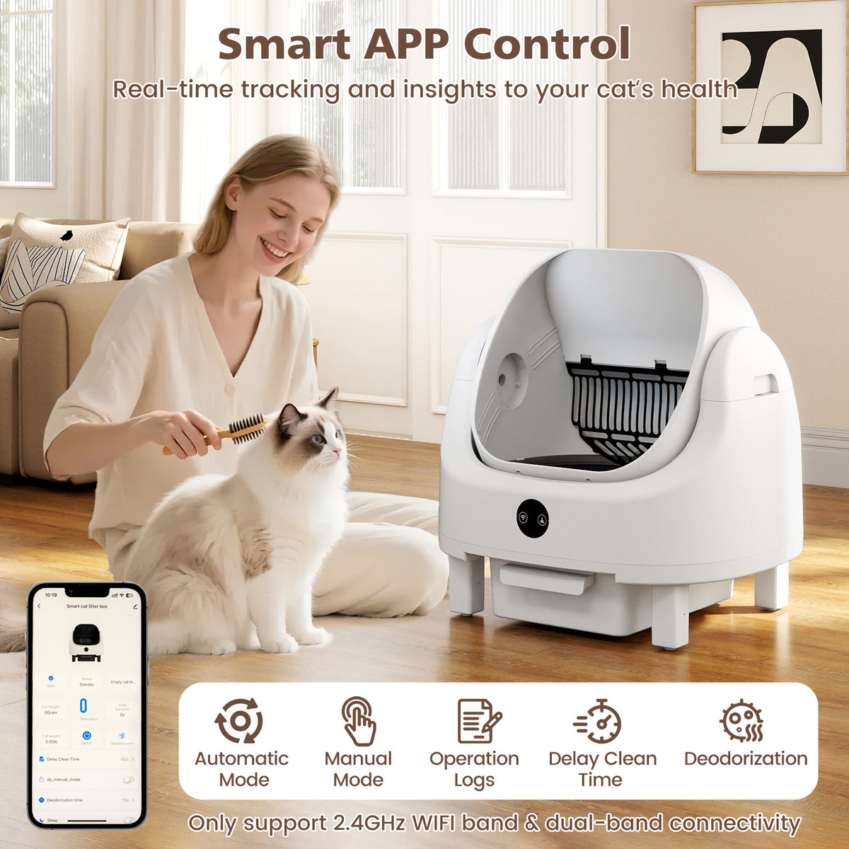 A woman and cat next to the smart app controlled cat litter box