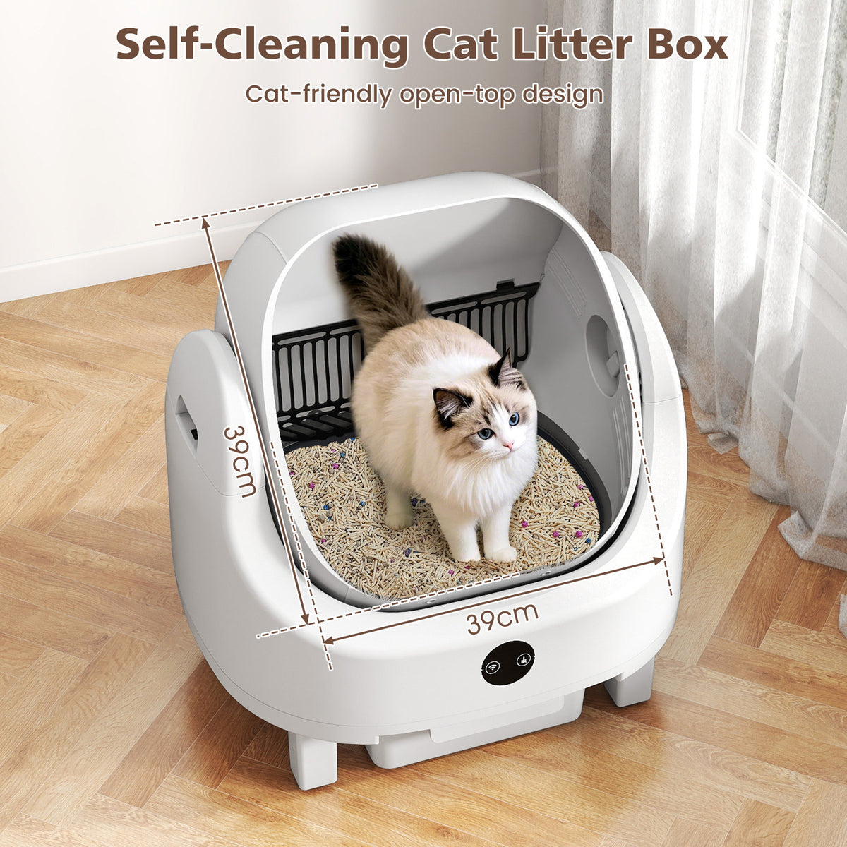 The self-cleaning open-top cat litter box with a cat inside and its internal dimensions