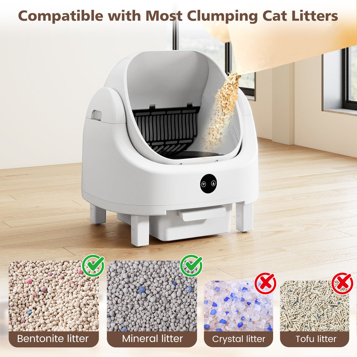 Different types of cat litter compatible with the self-cleaning litter box