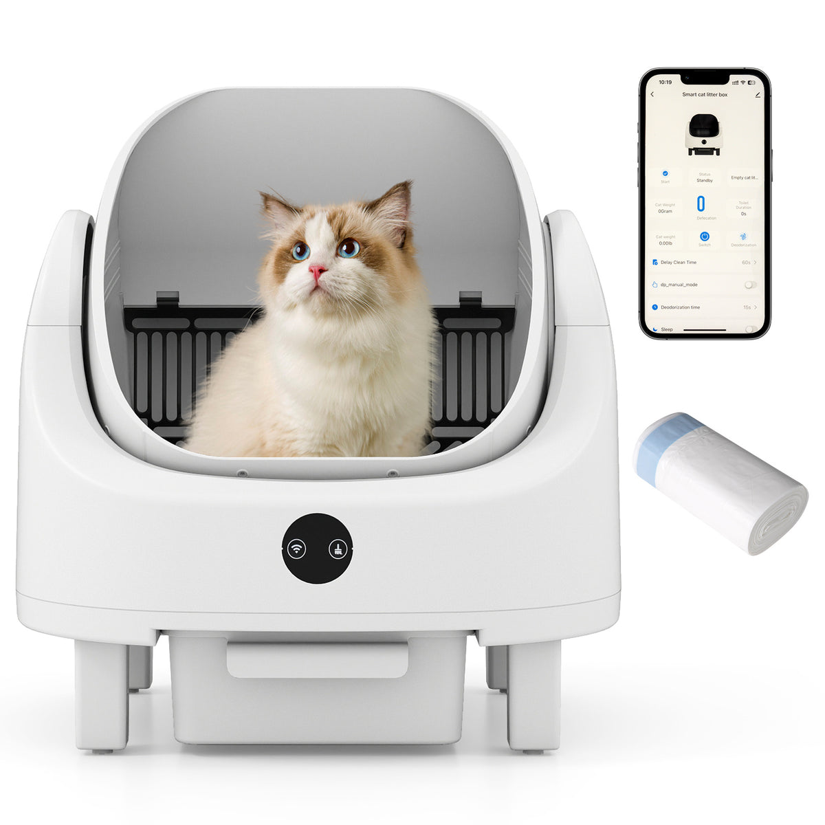 Self-Cleaning Open-Top Cat Litter Box with a cat inside and a phone showing the app