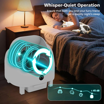 The quiet self-cleaning cat litter box operating with a sleeping person and cat nearby