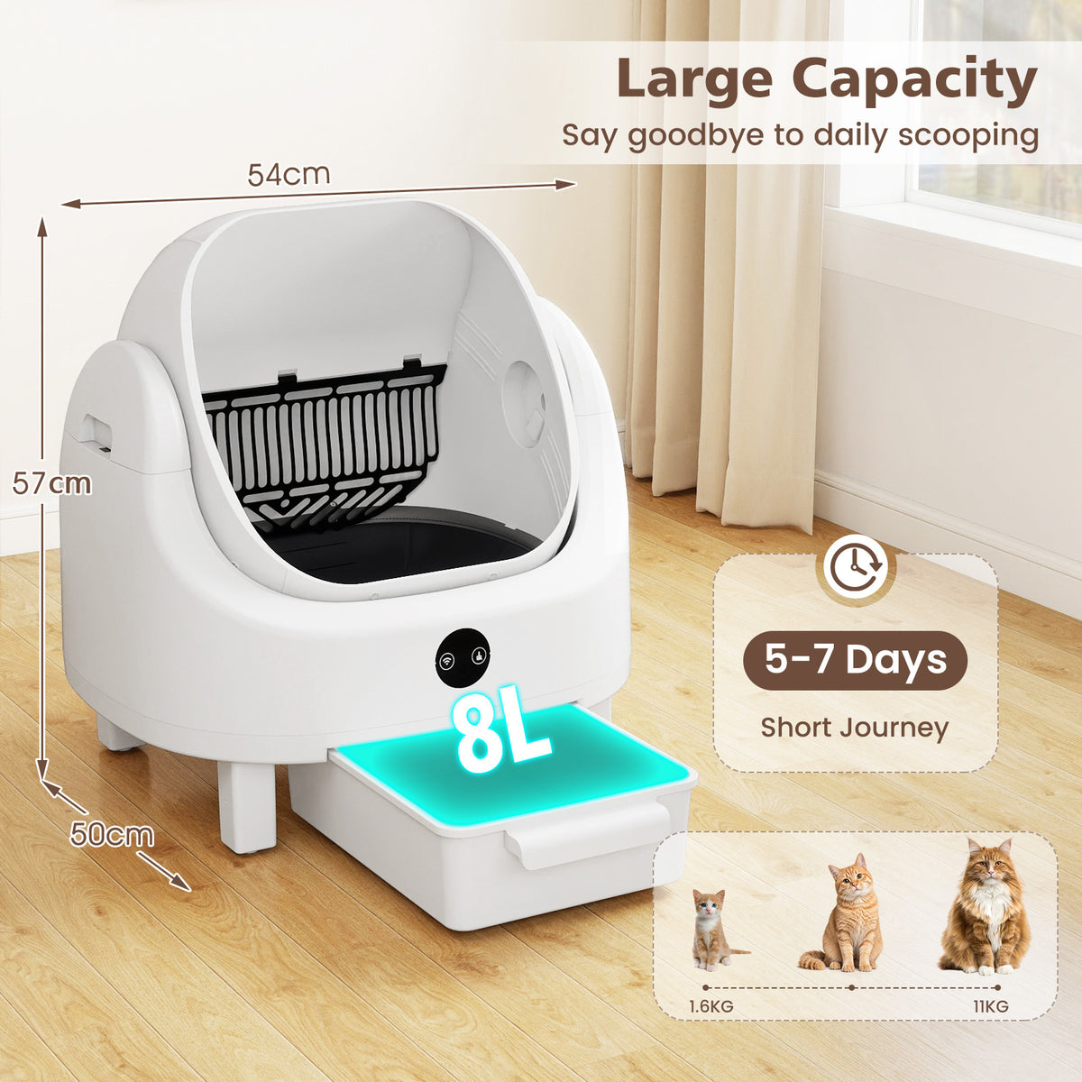 The open-top cat litter box with arrows indicating its height, width and depth in a room