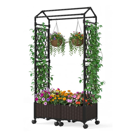 Self-Watering Planter Boxes with lattice trellis and roof in brown