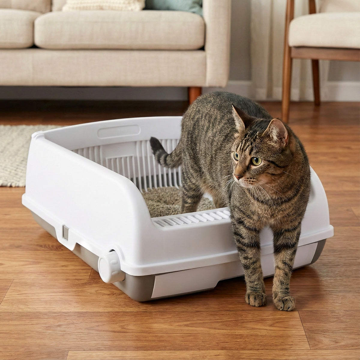 Cat toilet with high sides and a cat standing next to it on a wooden floor