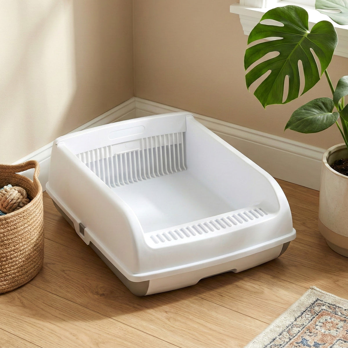 White open-top cat toilet in a room with plants and a basket