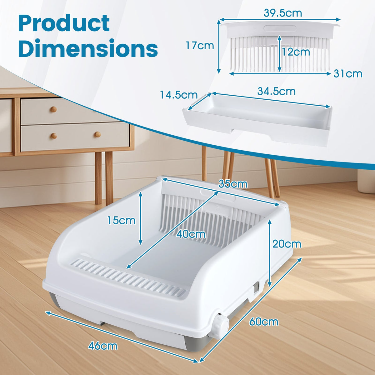 Product dimensions diagram for the white semi-auto open-top cat litter box