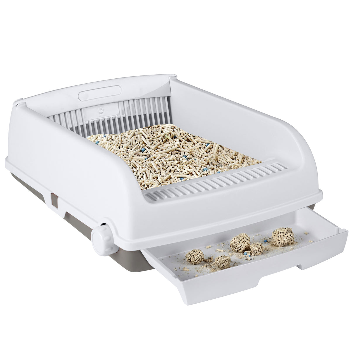 Cat toilet with the drawer pulled out showing cat litter and waste