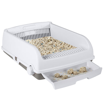 Cat toilet with the drawer pulled out showing cat litter and waste