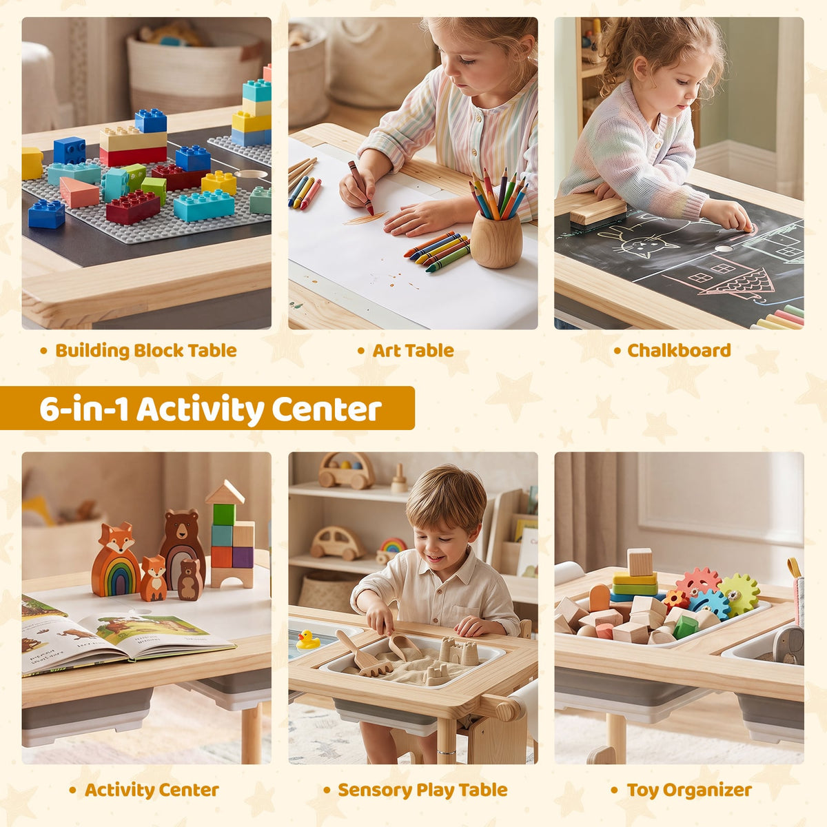 Six different activities for the kids table and chair set with adjustable height-natural, including building blocks and art
