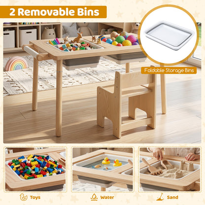 Kids table and chair set with adjustable height-natural, with removable bins for toys, water and sand