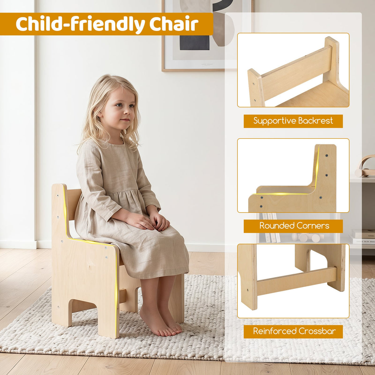 Child-friendly chair from the kids table and chair set with adjustable height-natural, with close-ups of features