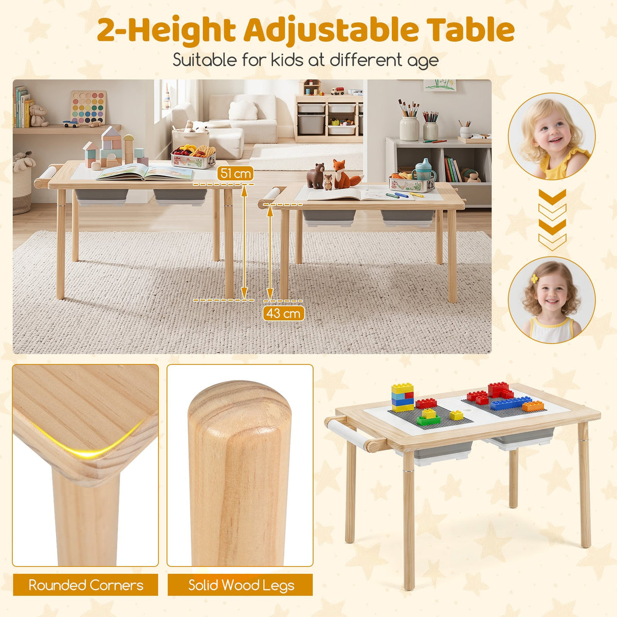 Two height settings for the kids table and chair set with adjustable height-natural, showing the adjustable legs