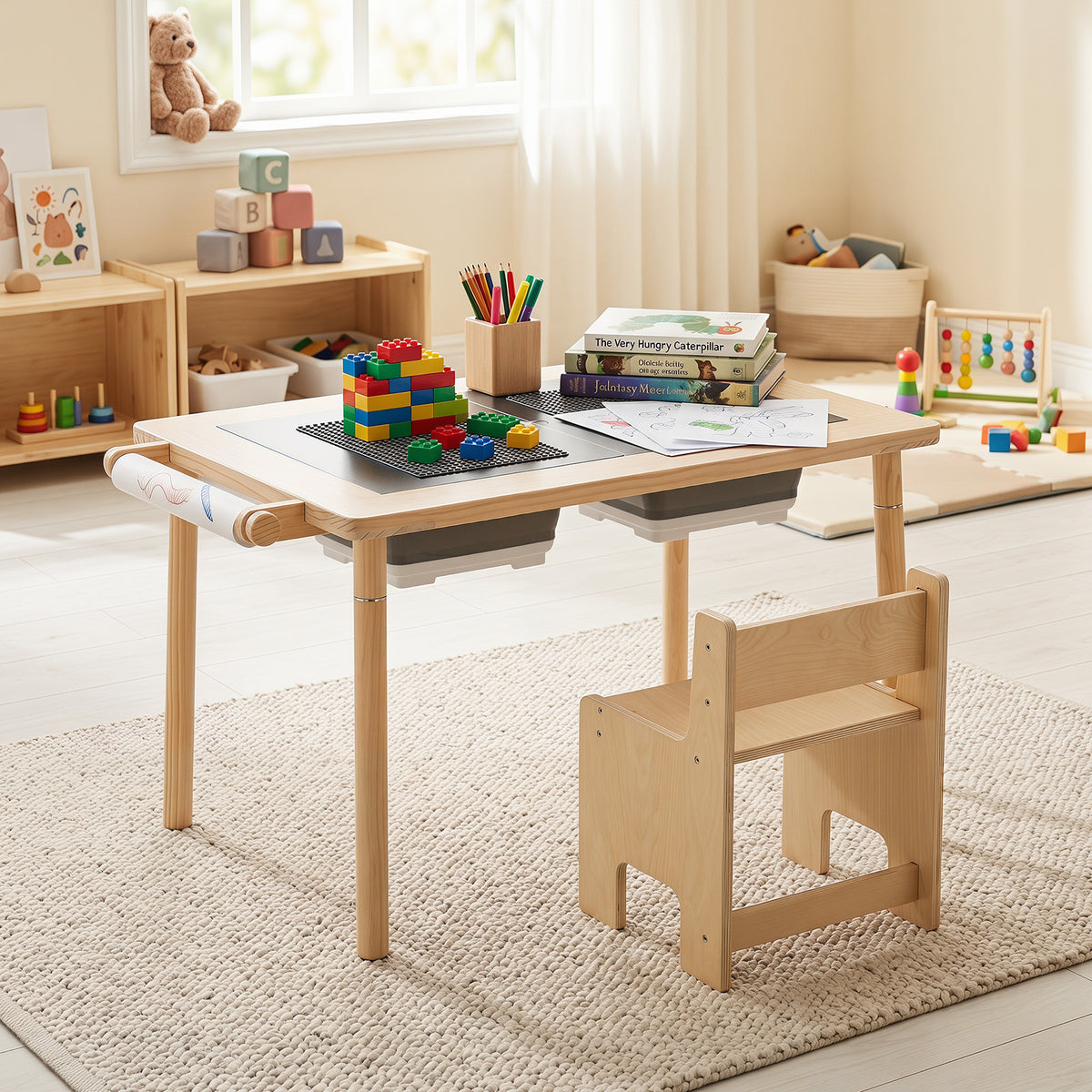 Kids table and chair set with adjustable height-natural, shown in a bright room with toys and books