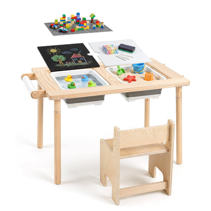 Sensory Table Set kids activity table and chair set with adjustable height-natural, with a chair and two bins on the table