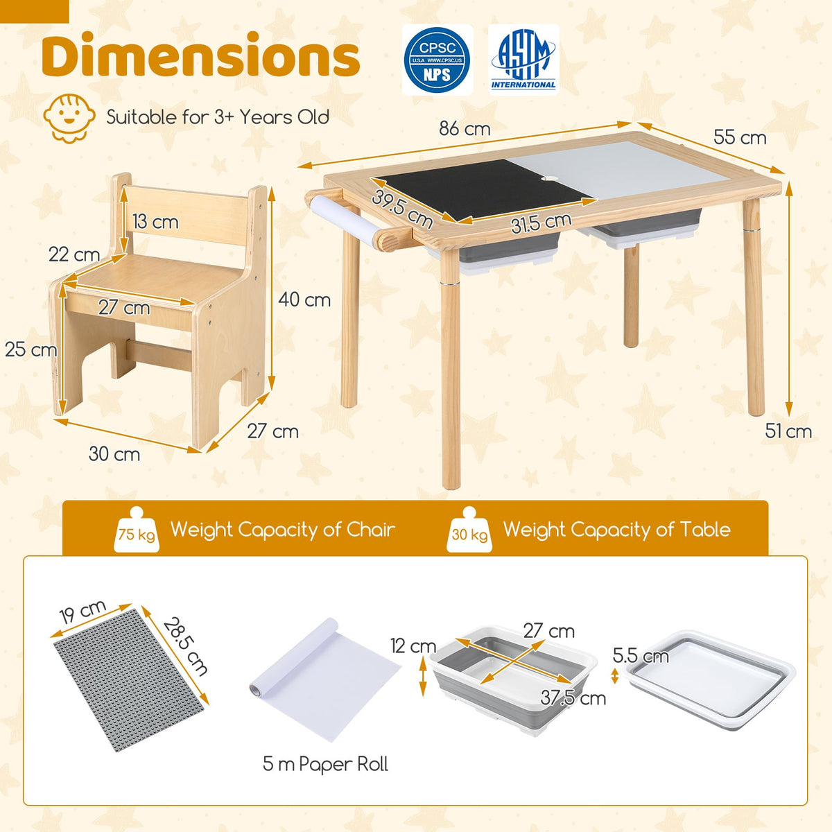 Dimensions for the kids table and chair set with adjustable height-natural, showing measurements for chair and table