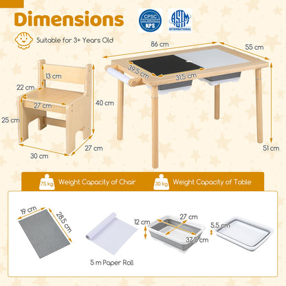 Dimensions for the kids table and chair set with adjustable height-natural, showing measurements for chair and table
