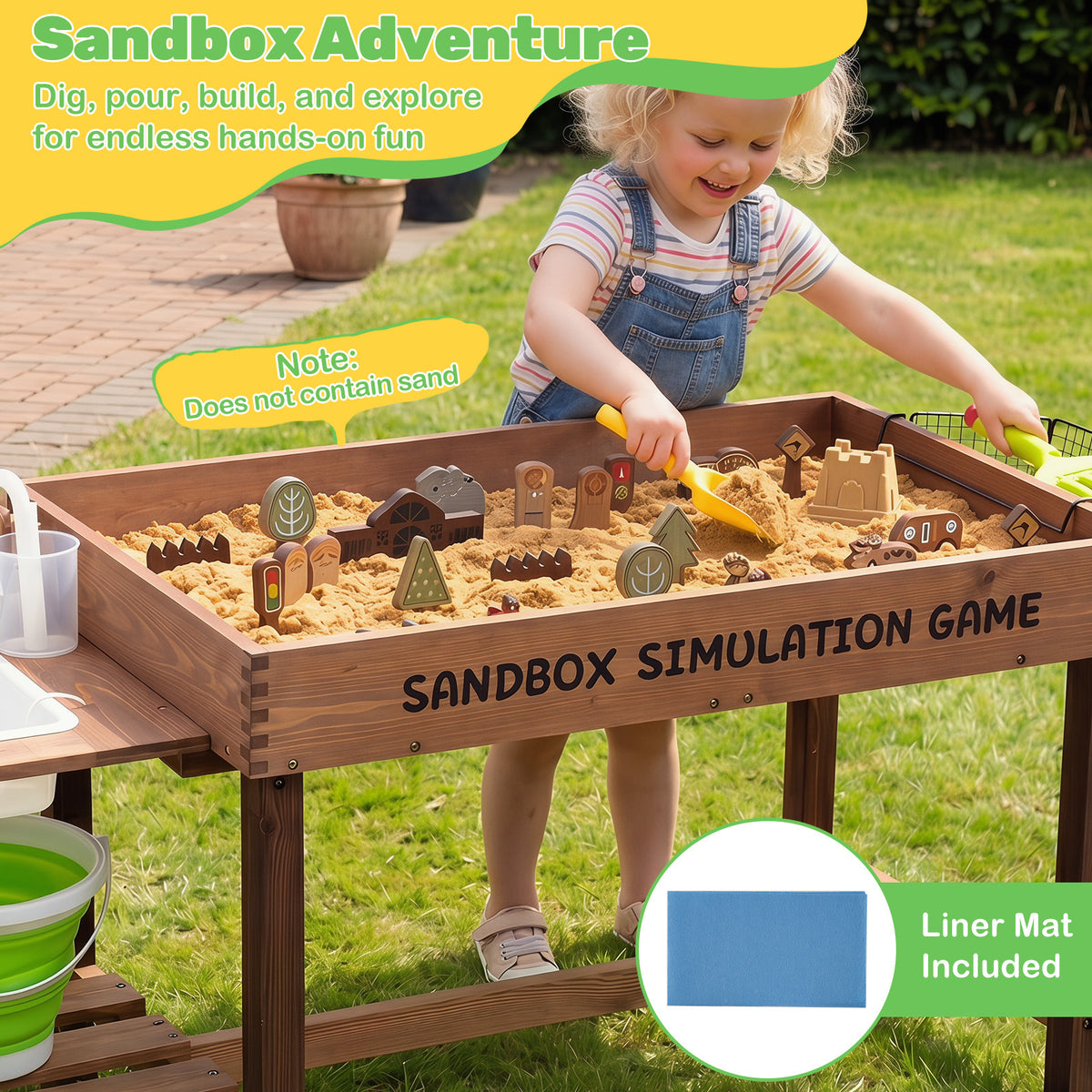 A close-up of the sand table with a child playing and a liner mat shown