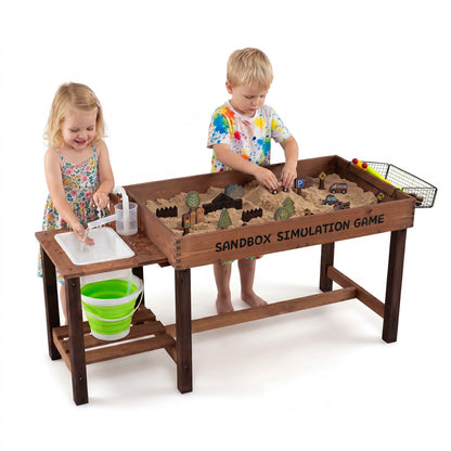 Two happy children engaged in play at the sand table outdoors