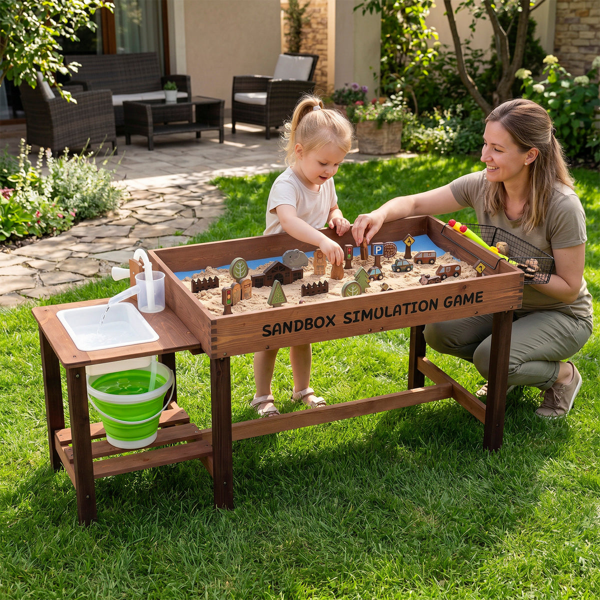 A woman and a young girl playing at the sand table in a garden setting