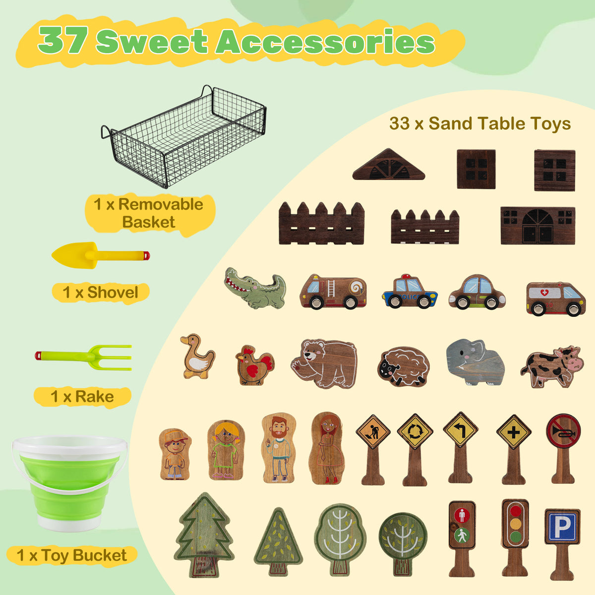 All the accessories included with the sand table, including toys and a bucket