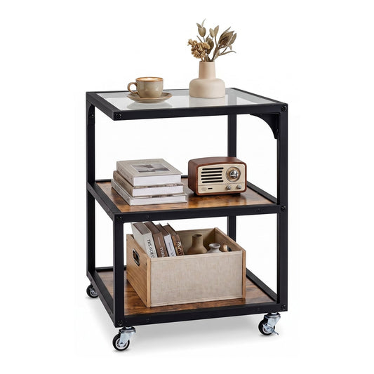 Set of 1 3‑Tier Mobile Side Table with glass top and rustic brown shelves on wheels